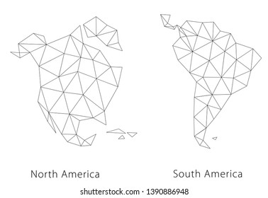 South and North America map in vector. Low poly. Black and Black map of the continents of North and Latin America