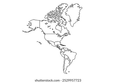 América del Sur y del Norte sobre el fondo blanco. Ilustración del mapa del mundo con los continentes americanos. Ilustración vectorial de arte de línea, mapa de dibujo de línea.