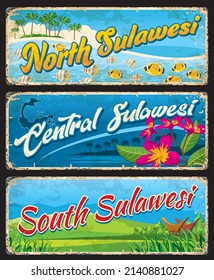 South, North and Central Sulawesi indonesian travel plates and stickers. Indonesia province travel vintage tin sign or asian vacation tour vector postcard, sticker with plumeria flower and rice barns