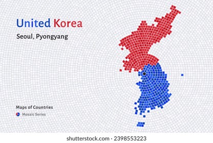 Mapa de Corea del Sur y del Norte con capital en Seúl, Pyongyang exhibido en un patrón mosaico	