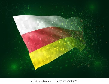 South Ossetia, on vector 3d flag on green background with polygons and data numbers