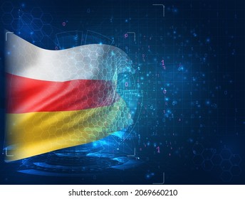 South Ossetia, vector 3d flag on blue background with hud interfaces