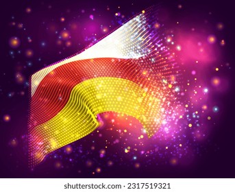 South Ossetia, vector 3d flag on pink purple background with lighting and flares