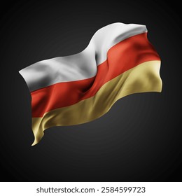 South Ossetia, vector 3d flag with waves on a black background