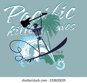 south pacific rock music skeleton surfer vector art
