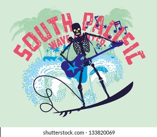 south pacific rock music skeleton surfer vector art