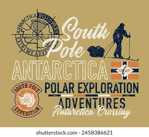 South pole Antarctica discovery expedition adventure vintage vector print for boy kid t shirt grunge effect in separate layer 