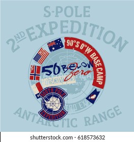 South pole Antarctica expedition, vector print for boy t shirt