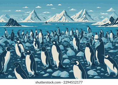 Polo Sur. Pingüinos en la playa. Océano congelado con pingüinos. Vector del sur de la polis.