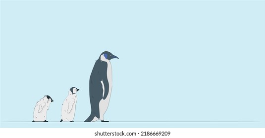 South pole wildlife flat vector illustration. Emperor penguins family on cracked iceberg. Adult birds with chick on winter landscape. Antarctica wilderness. Animal cartoon characters. Emperor Penguins