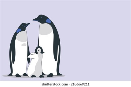 South pole wildlife flat vector illustration. Emperor penguins family on cracked iceberg. Adult birds with chick on winter landscape. Antarctica wilderness. Animal cartoon characters. Emperor Penguins