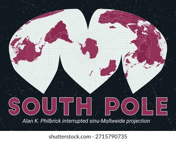 Polo Sur. Mapa mundial. Alan K. Philbrick interrumpió la proyección sinu-Mollweide centrada en el Polo Sur. Pale Mint Dark Pink. Textura de Antiguas. Ilustración vectorial viva.