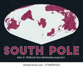 South Pole. World map. Allen K. Philbrick Sinu-Mollweide projection centered to South Pole. Pale Mint Dark Pink palette. Vintage texture. Alive vector illustration.