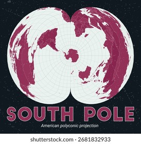 Polo Sur. Mapa mundial. Proyección policónica americana centrada en el Polo Sur. Pale Mint Dark Pink. Textura de Antiguas. Una Ilustración vectorial increíble.