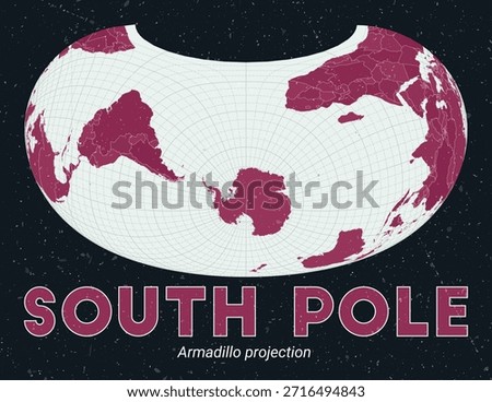 South Pole. World map. Armadillo projection centered to South Pole. Pale Mint Dark Pink palette. Vintage texture. Vibrant vector illustration.