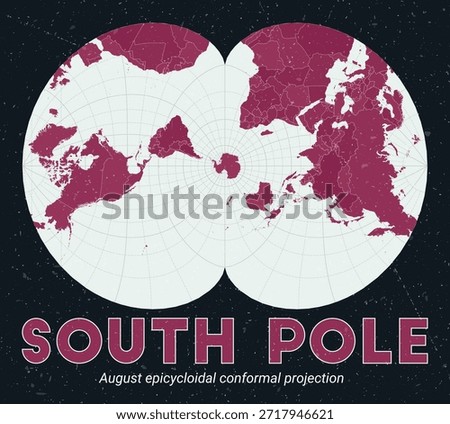South Pole. World map. August epicycloidal conformal projection centered to South Pole. Pale Mint Dark Pink palette. Vintage texture. Charming vector illustration.