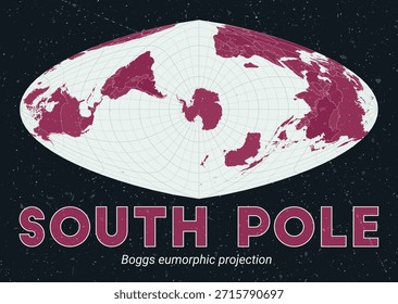 Polo Sur. Mapa mundial. Proyección eufórica de Boggs centrada en el Polo Sur. Pale Mint Dark Pink. Textura de Antiguas. Ilustración vectorial viva.