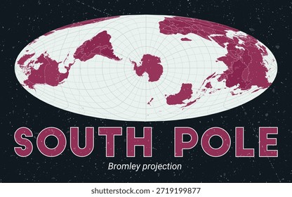 South Pole. World map. Bromley projection centered to South Pole. Pale Mint Dark Pink palette. Vintage texture. Alive vector illustration.