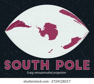 Polo Sul. Mapa do mundo. Projeção retroazimutal de Craig centrada no Polo Sul. Paleta de menta pálida rosa escuro. Textura vintage. Ilustração de vetor ativo.