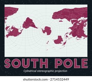 Polo Sur. Mapa mundial. Proyección estereográfica cilíndrica centrada en el Polo Sur. Pale Mint Dark Pink. Textura de Antiguas. Ilustración vectorial viva.