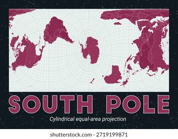 Südpol. Weltkarte. Zylindrische Projektion mit gleicher Fläche, zentriert zum Südpol. Pale Mint Dunkelrosa Palette. Vintage-Textur. Lebende Vektorgrafik.
