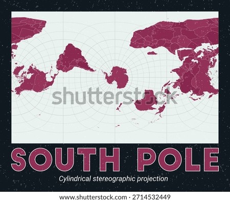 South Pole. World map. Cylindrical stereographic projection centered to South Pole. Pale Mint Dark Pink palette. Vintage texture. Alive vector illustration.