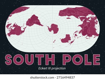 Polo Sul. Mapa do mundo. Projeção de Eckert III centrada no Polo Sul. Paleta de menta pálida rosa escuro. Textura vintage. Ilustração de vetor ativo.