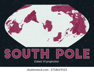 Polo Sur. Mapa mundial. Proyección de Eckert VI centrada en el Polo Sur. Pale Mint Dark Pink. Textura de Antiguas. Ilustración vectorial creativa.