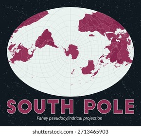 Polo Sur. Mapa mundial. Proyección pseudocilíndrica de Fahey centrada en el Polo Sur. Pale Mint Dark Pink. Textura de Antiguas. Ilustración vectorial creativa.