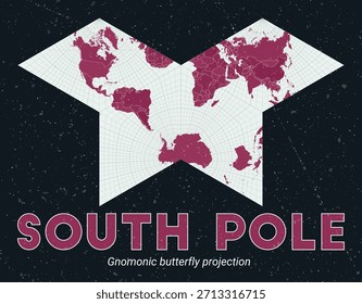 Polo Sur. Mapa mundial. Proyección de mariposa gnómica centrada en el Polo Sur. Pale Mint Dark Pink. Textura de Antiguas. Ilustración vectorial moderna.