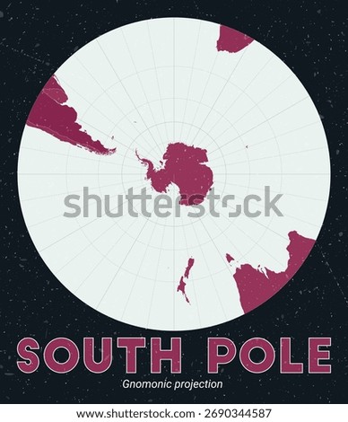 South Pole. World map. Gnomonic projection centered to South Pole. Pale Mint Dark Pink palette. Vintage texture. Creative vector illustration.