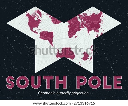 South Pole. World map. Gnomonic butterfly projection centered to South Pole. Pale Mint Dark Pink palette. Vintage texture. Modern vector illustration.