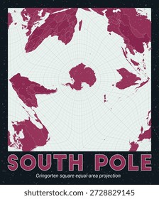 Polo Sul. Mapa do mundo. Projeção quadrada de área igual de Gringorten centrada no Polo Sul. Paleta de menta pálida rosa escuro. Textura vintage. Ilustração de vetor elegante.
