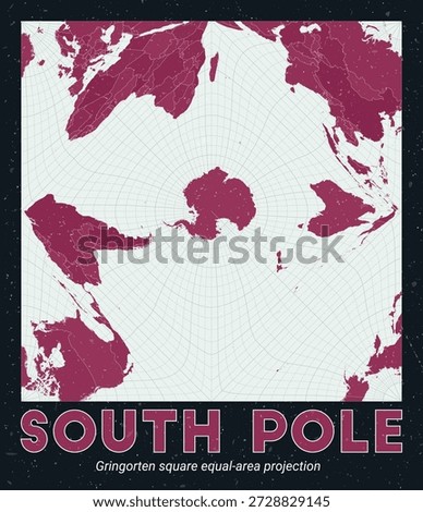South Pole. World map. Gringorten square equal-area projection centered to South Pole. Pale Mint Dark Pink palette. Vintage texture. Elegant vector illustration.