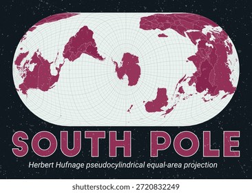 South Pole. World map. Herbert Hufnage pseudocylindrical equal-area projection centered to South Pole. Pale Mint Dark Pink palette. Vintage texture. Stylish vector illustration.