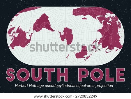 South Pole. World map. Herbert Hufnage pseudocylindrical equal-area projection centered to South Pole. Pale Mint Dark Pink palette. Vintage texture. Stylish vector illustration.