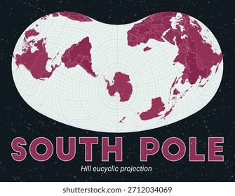 Polo Sur. Mapa mundial. Proyección eucíclica de Hill centrada en el Polo Sur. Pale Mint Dark Pink. Textura de Antiguas. Ilustración vectorial con estilo.