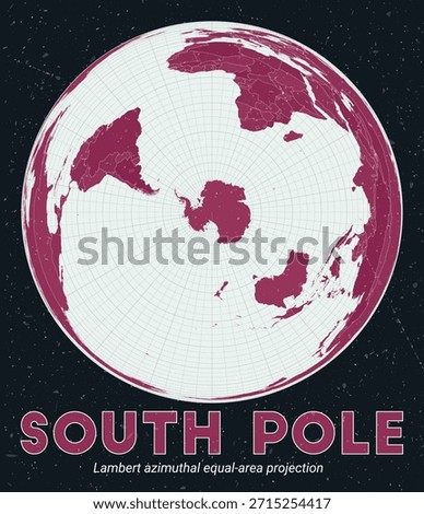 South Pole. World map. Lambert azimuthal equal-area projection centered to South Pole. Pale Mint Dark Pink palette. Vintage texture. Authentic vector illustration.