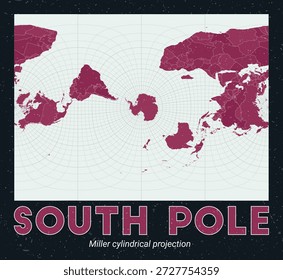 South Pole. World map. Miller cylindrical projection centered to South Pole. Pale Mint Dark Pink palette. Vintage texture. Alive vector illustration.