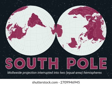 Polo Sur. Mapa mundial. La proyección de Mollweide se interrumpió en dos hemisferios (de área igual) centrados en el Polo Sur. Pale Mint Dark Pink. Textura de Antiguas. Ilustración vectorial vibrante.