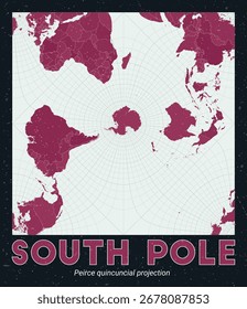 South Pole. World map. Peirce quincuncial projection centered to South Pole. Pale Mint Dark Pink palette. Vintage texture. Charming vector illustration.