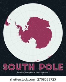 South Pole. World map. Satellite (tilted perspective) projection centered to South Pole. Pale Mint Dark Pink palette. Vintage texture. Modern vector illustration.