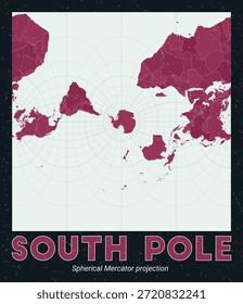 Polo Sur. Mapa mundial. Proyección esférica de Mercator centrada en el Polo Sur. Pale Mint Dark Pink. Textura de Antiguas. Ilustración vectorial vibrante.