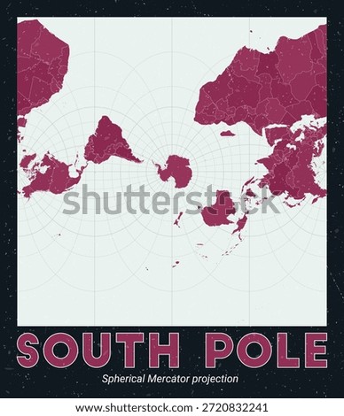 South Pole. World map. Spherical Mercator projection centered to South Pole. Pale Mint Dark Pink palette. Vintage texture. Vibrant vector illustration.