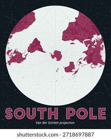 Polo Sul. Mapa do mundo. Projeção de Van der Grinten centrada no Polo Sul. Paleta de menta pálida rosa escuro. Textura vintage. Ilustração vetorial clássica.