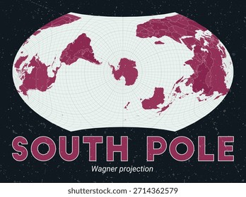 Polo Sur. Mapa mundial. Proyección de Wagner centrada en el Polo Sur. Pale Mint Dark Pink. Textura de Antiguas. Ilustración vectorial con estilo.