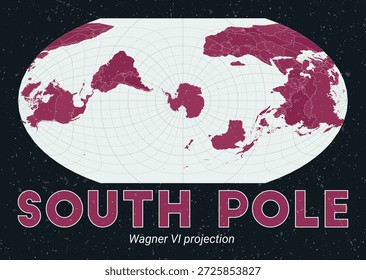 Polo Sur. Mapa mundial. Proyección de Wagner VI centrada en el Polo Sur. Pale Mint Dark Pink. Textura de Antiguas. Ilustración vectorial ordenada.