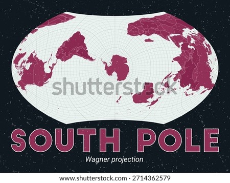South Pole. World map. Wagner projection centered to South Pole. Pale Mint Dark Pink palette. Vintage texture. Stylish vector illustration.