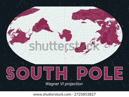 South Pole. World map. Wagner VI projection centered to South Pole. Pale Mint Dark Pink palette. Vintage texture. Neat vector illustration.