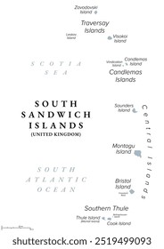 South Sandwich Islands, gray political map. Part of the British Overseas Territory South Georgia and the South Sandwich Islands. Group of islands in the South Atlantic Ocean and Scotia Sea. Vector
